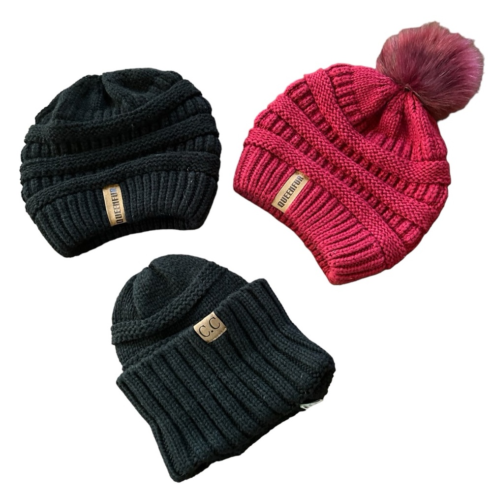 Lot (3) Queenfur & C.C Beanie Cap Hat Slouch Women’s One Size Black Maroon Ski